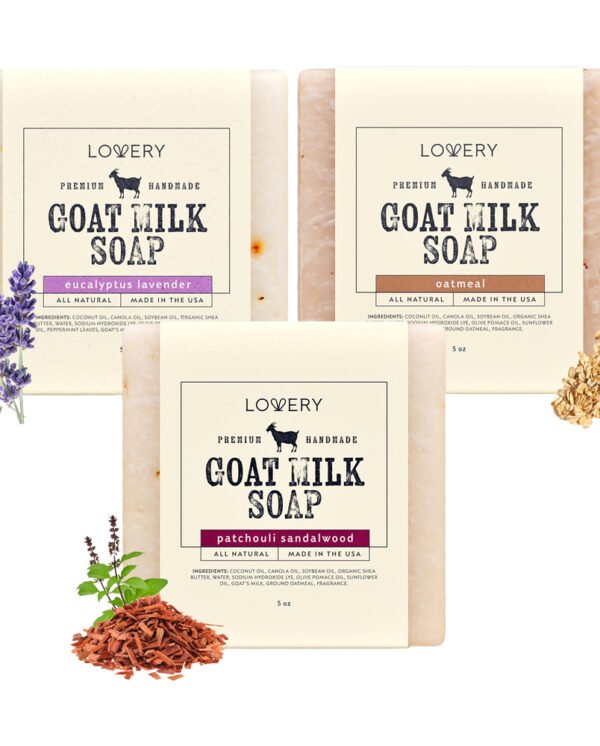 Lovery Handmade Goat Milk Soap Bars with Organic Shea Butter Oatmeal, Eucalyptus Lavender, Patchouli Sandalwood Lovery Handmade Goat Milk Soap Bars with Organic Shea Butter Oatmeal, Eucalyptus Lavender, Patchouli Sandalwood