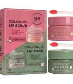 Lovery Korean Lip Care Duo Set Cherry Mint Exfoliating Lip Scrub and Apple and Pear Overnight Lip Mask